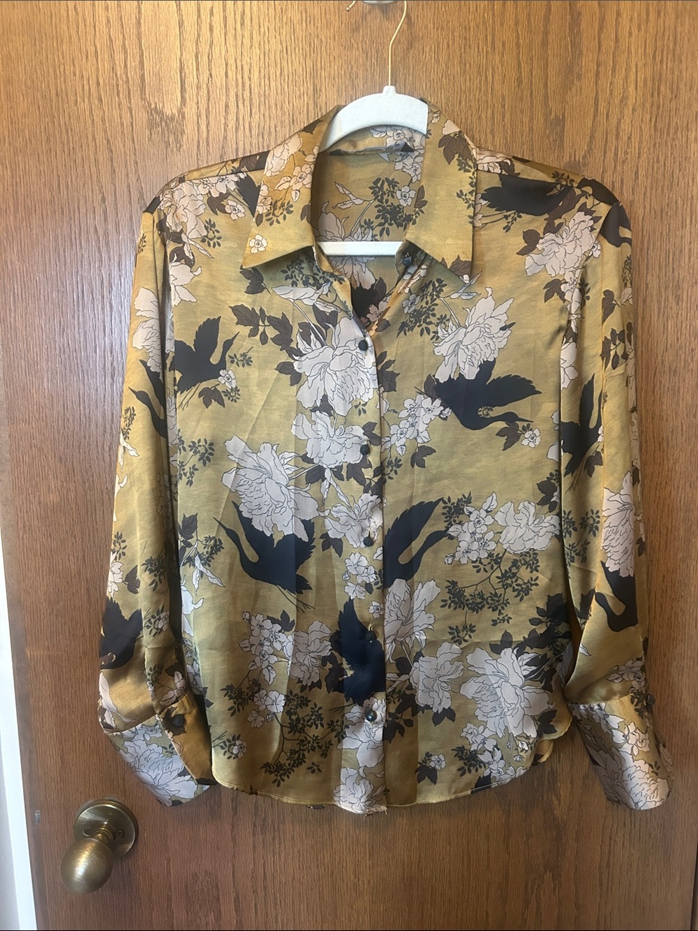 Zara Mustard Floral Satin Button-Up Blouse